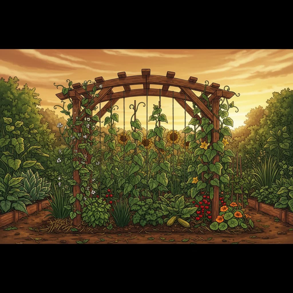 A garden trellis with climbing peas, beans, and cucumber vines growing upward