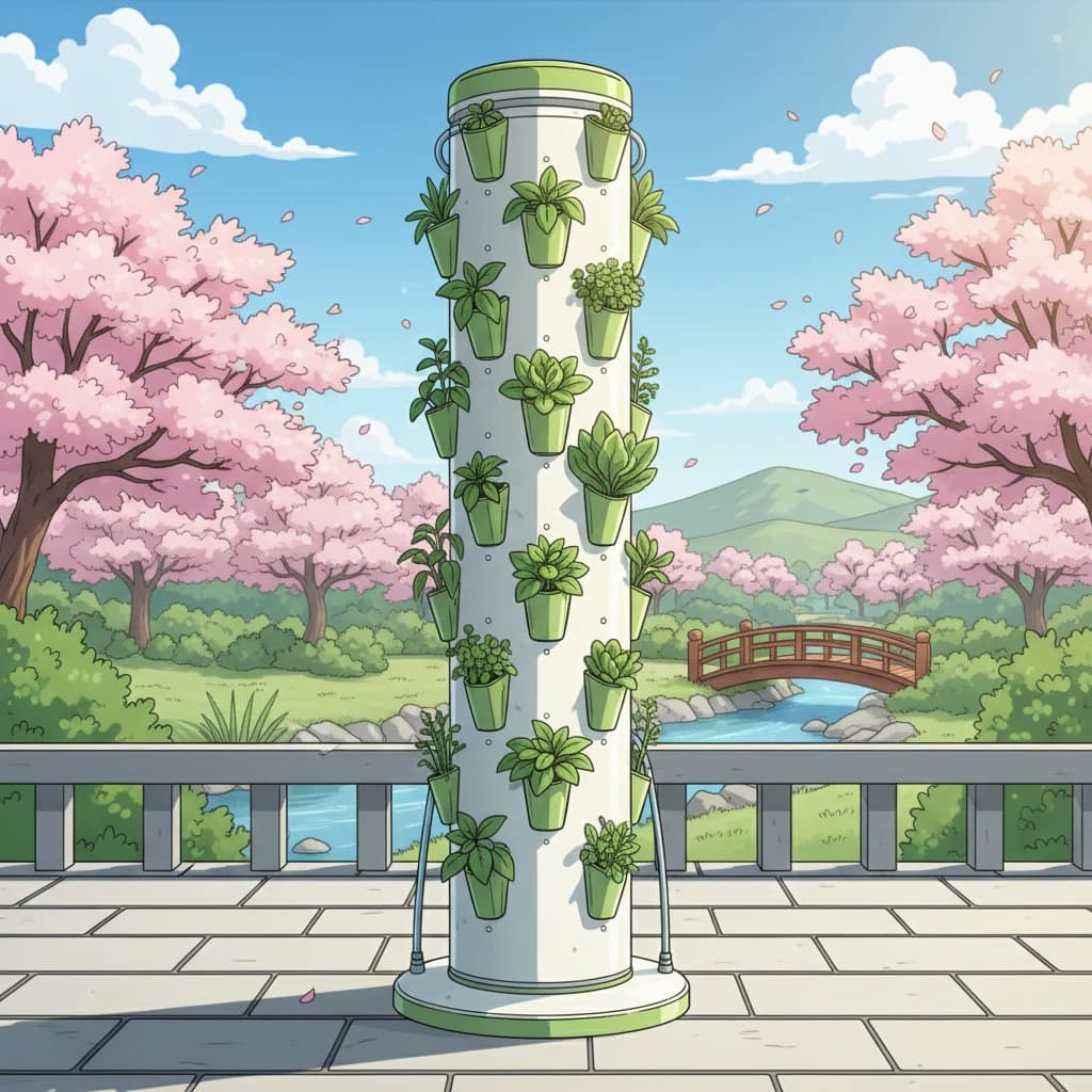 A modern grow tower system with multiple planting pockets growing herbs and lettuce