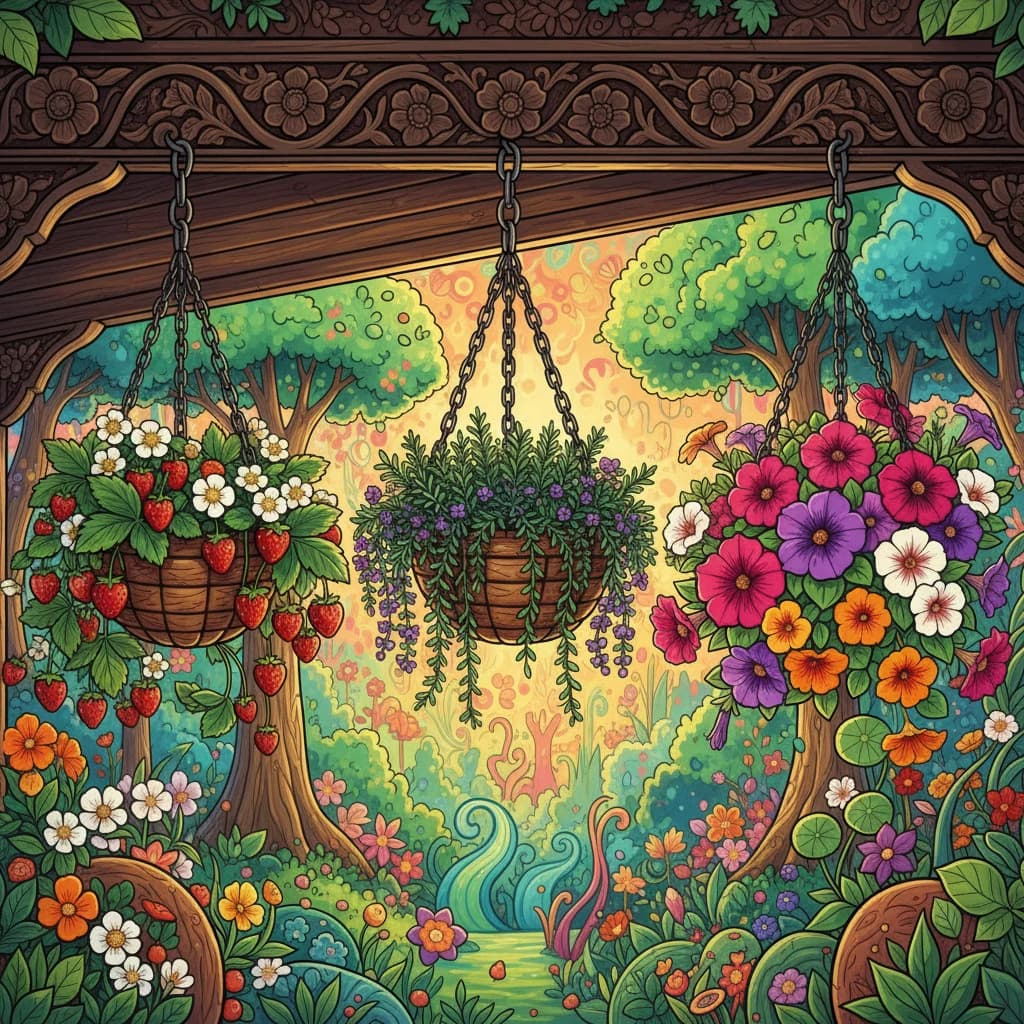 Beautiful hanging baskets and planters overflowing with strawberries, herbs, and trailing flowers