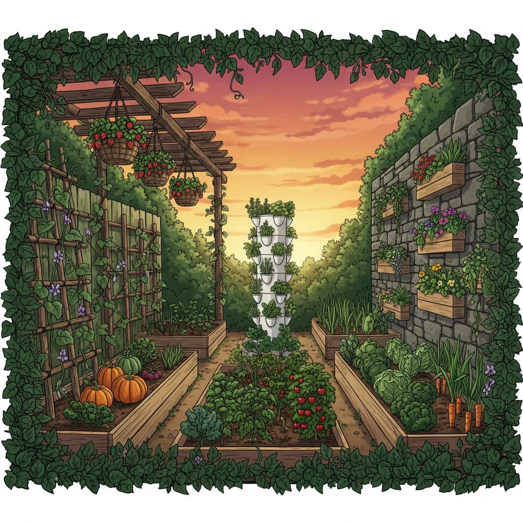 A garden design sketch showing vertical elements — trellises, towers, and hanging baskets integrated with beds