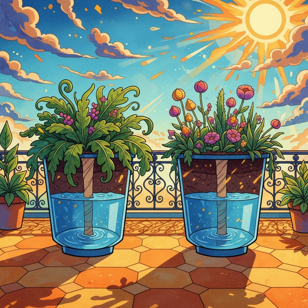 Self-watering containers with visible water reservoirs and wicking systems