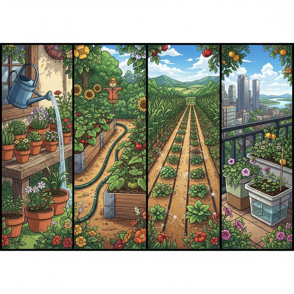A decision guide showing which watering system works best for different garden setups