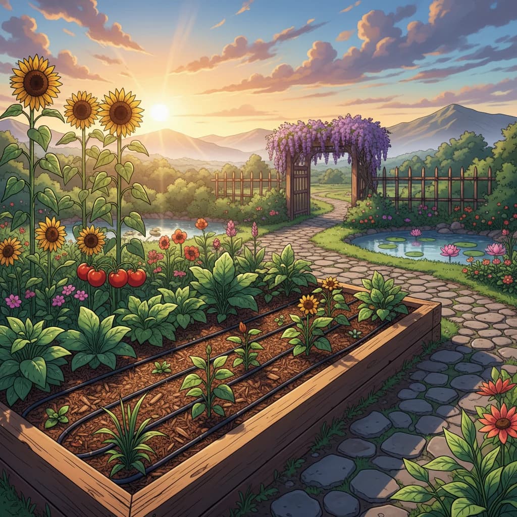 A well-watered garden at dawn with healthy plants and efficient irrigation visible
