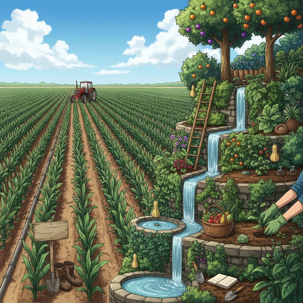 A side-by-side comparison: a conventional row-crop field next to a layered