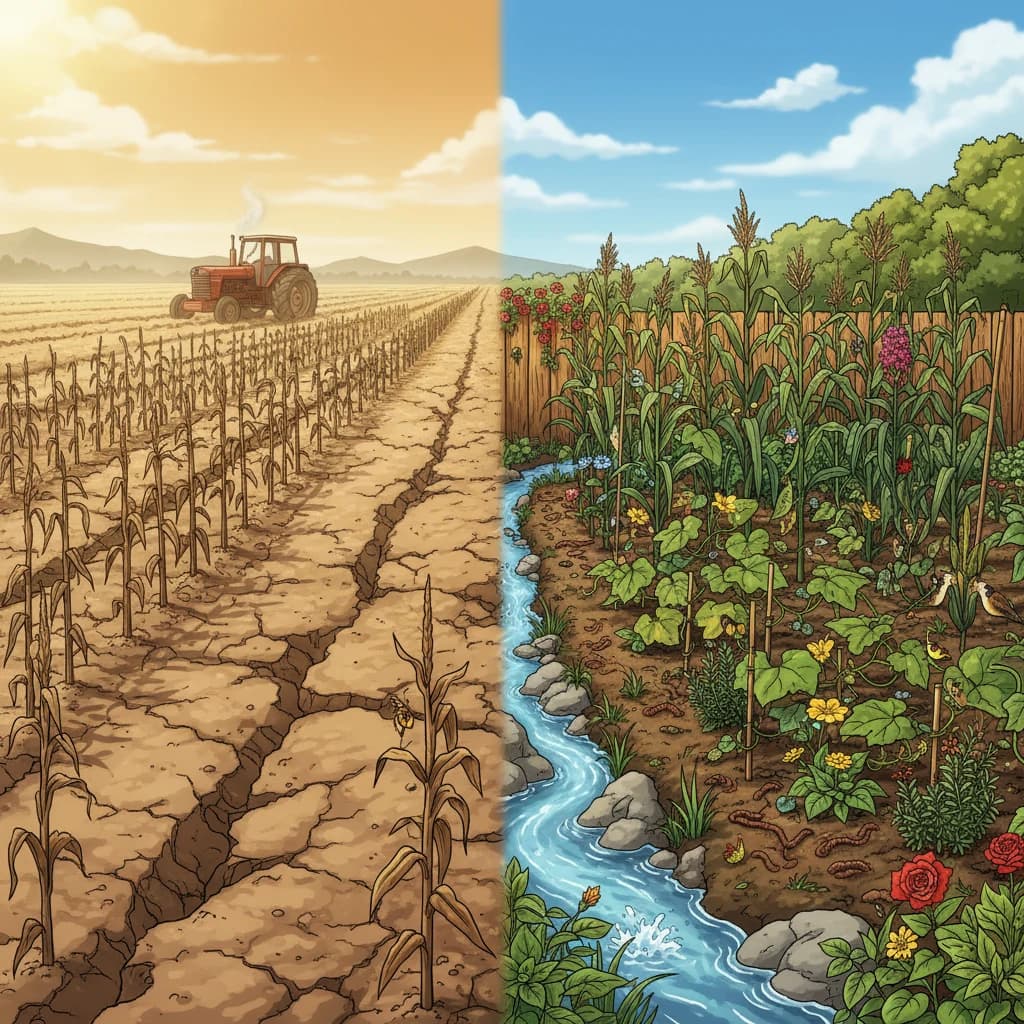 A split image: a depleted conventional farm field next to a thriving