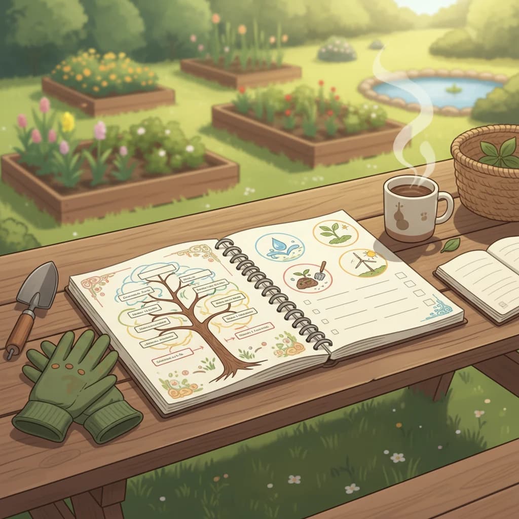 An open notebook with the 11-level permaculture course outline drawn out