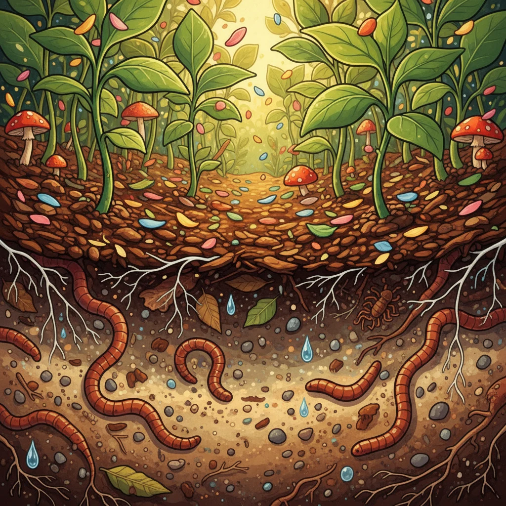 Cross-section showing the four components of soil: minerals, organic matter, water, and air
