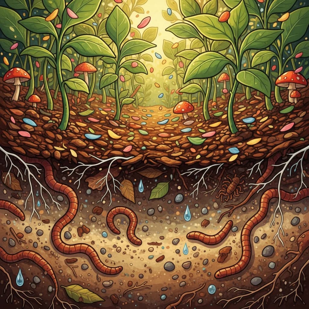 Cross-section showing the four components of soil — minerals, organic matter, water, and air