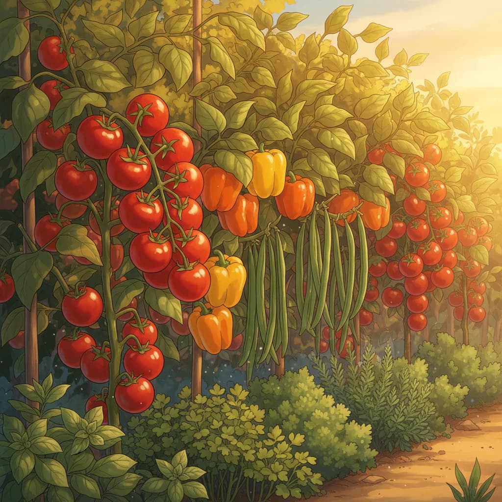 Beautiful ripe vegetables ready for harvest in a golden-hour garden