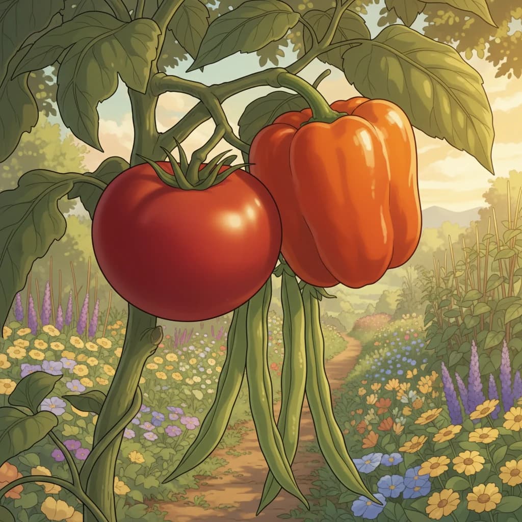 Close-up of ripe tomatoes, peppers, and beans showing visual harvest indicators