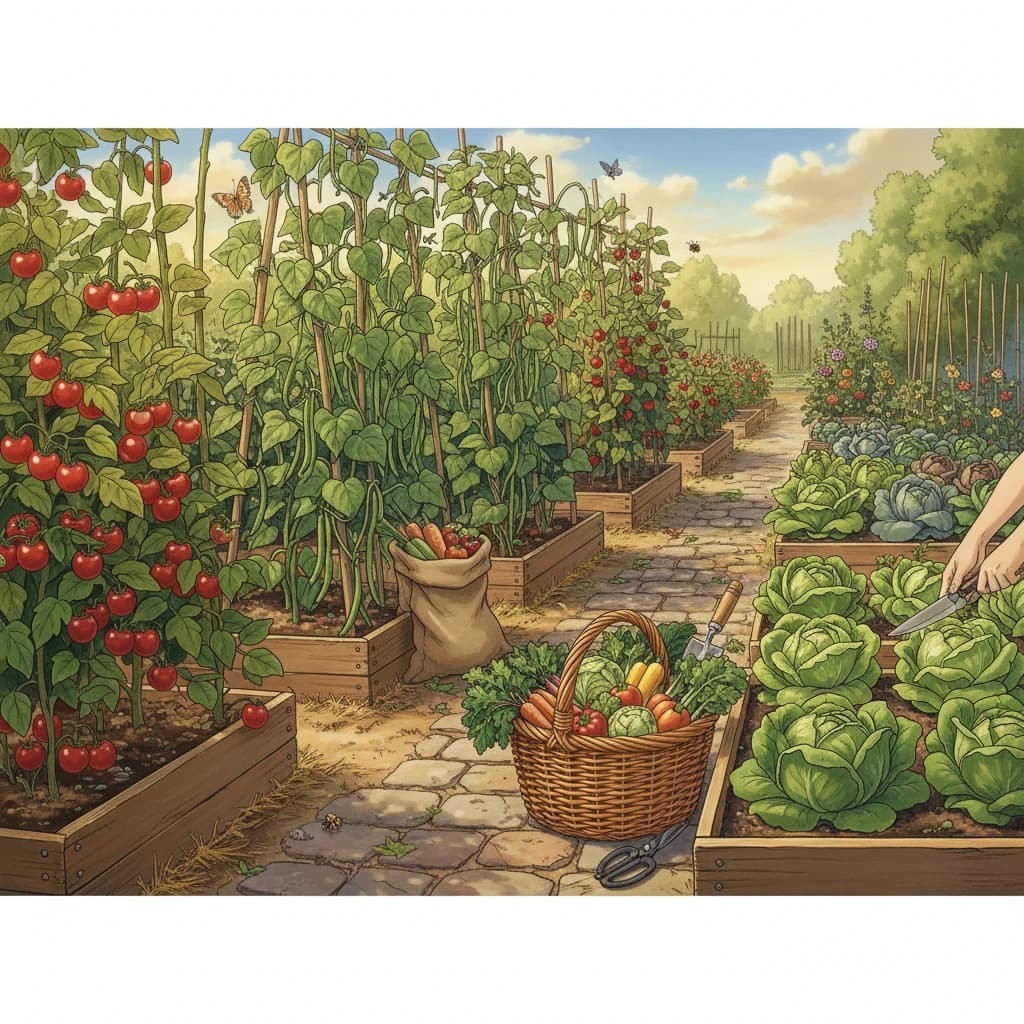 A productive garden with crops at different harvest stages, some ready to pick, some still growing