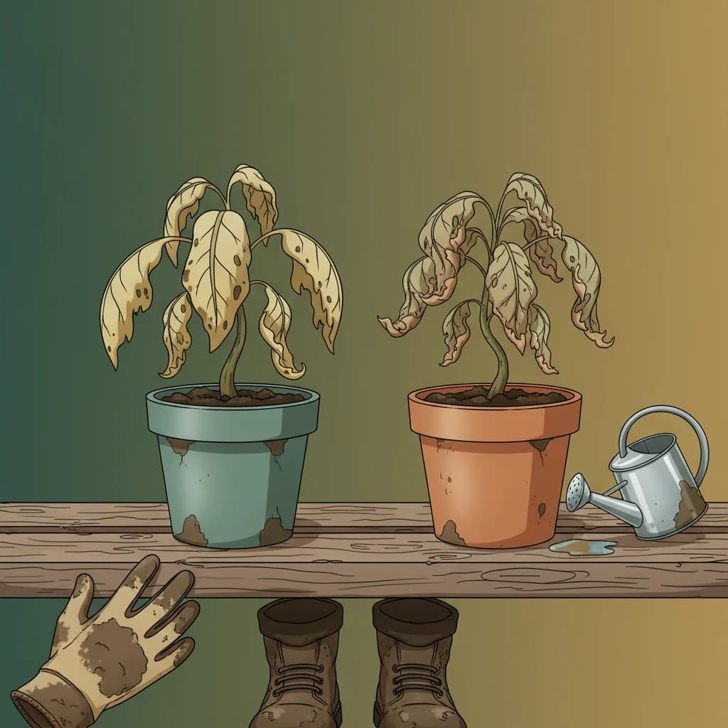 Photorealistic close-up photograph, a small watering can with a fine rose head gently misting a row of tiny seedlings in a seed tray, soft natural light, no harsh shadows
