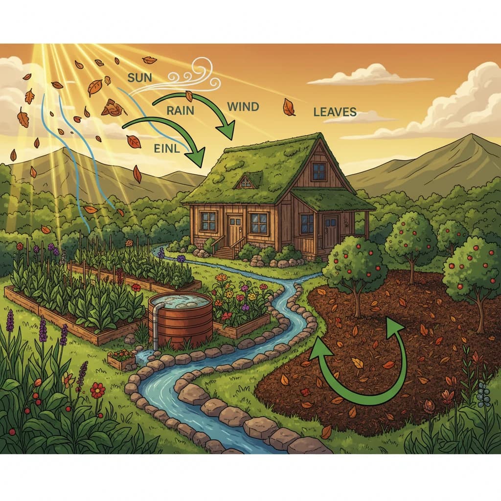 A property visualized as a system with arrows of energy flowing in (sun, rain