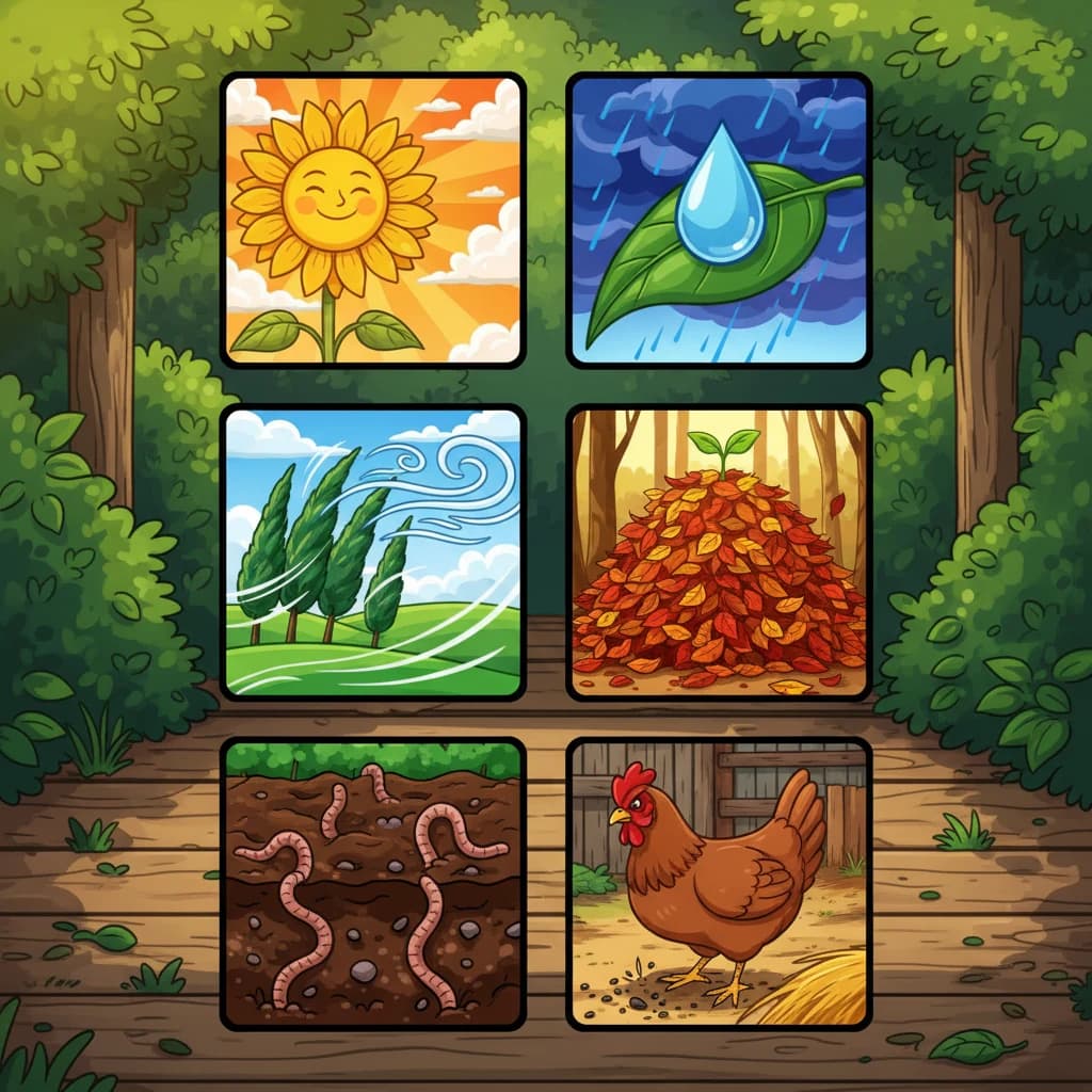 Six icons or scenes — sun, rain, wind, biomass (leaves/branches), soil life