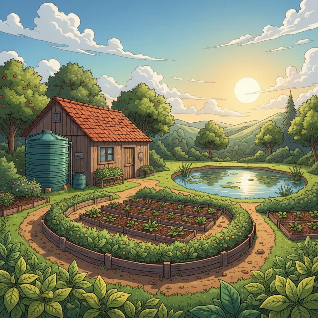 A site with multiple water storage features — a swale on contour, a small pond