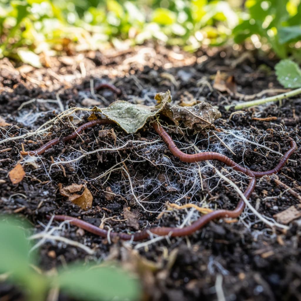 A close-up of dark, alive soil with worms, fine roots, fungal threads — the