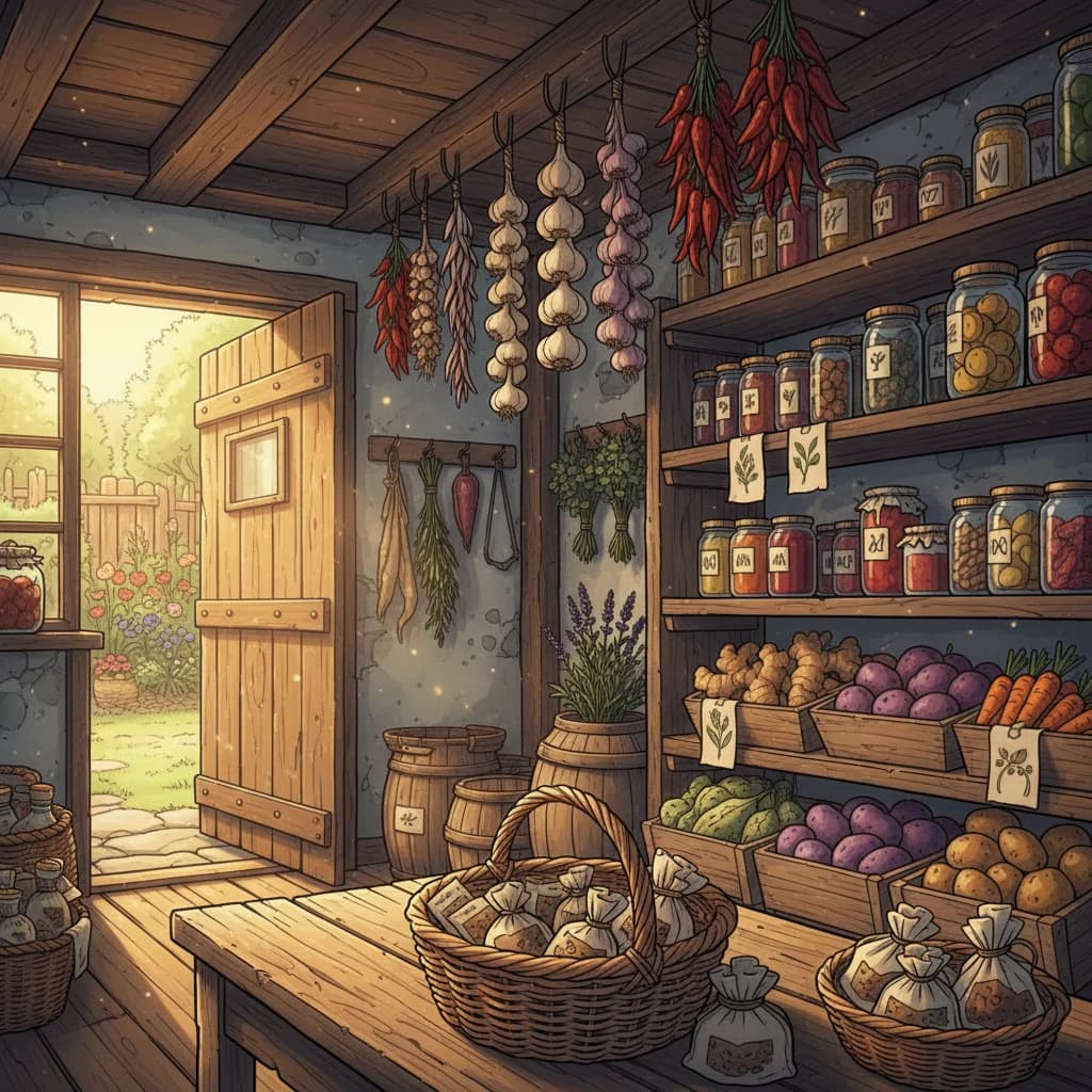 A homestead with multiple storage systems — a root cellar, dried herbs hanging