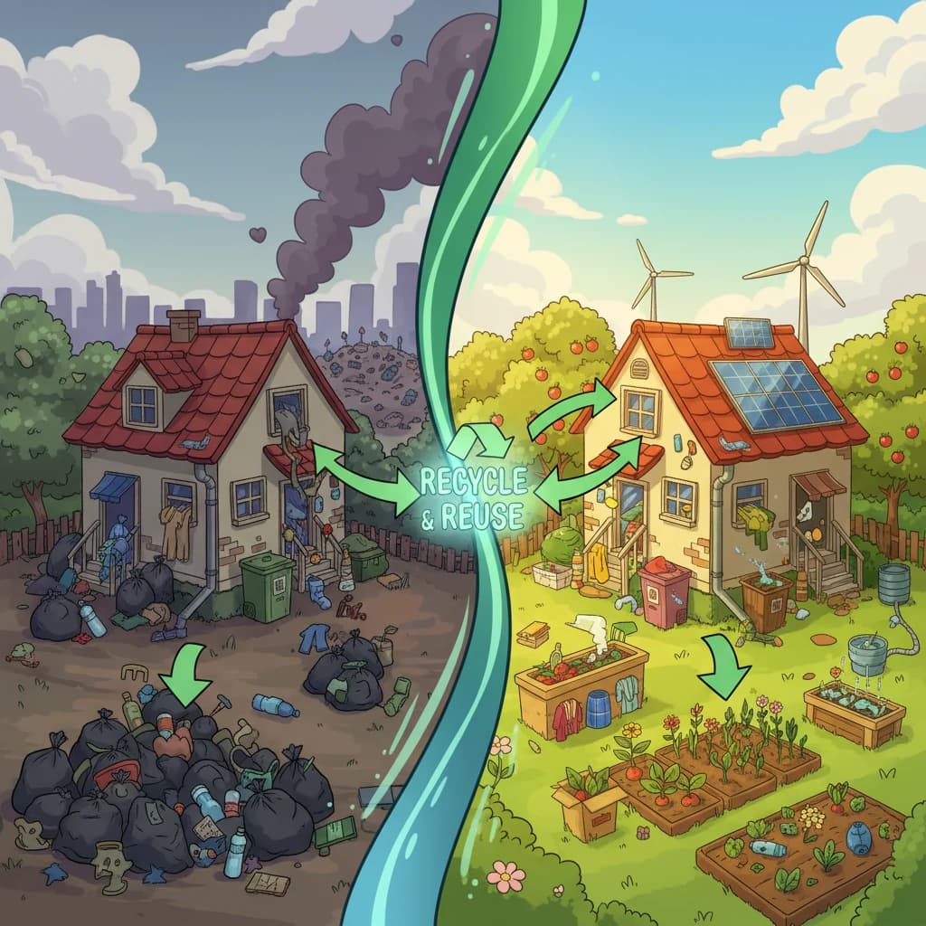 A side-by-side scene — left: a conventional kitchen with a trash bag full of