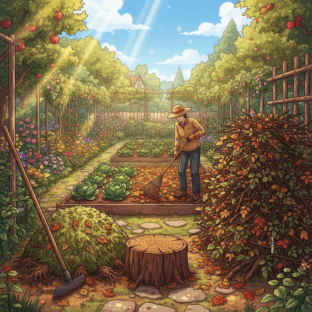 A garden where every "waste" has a destination — pulled weeds going into a