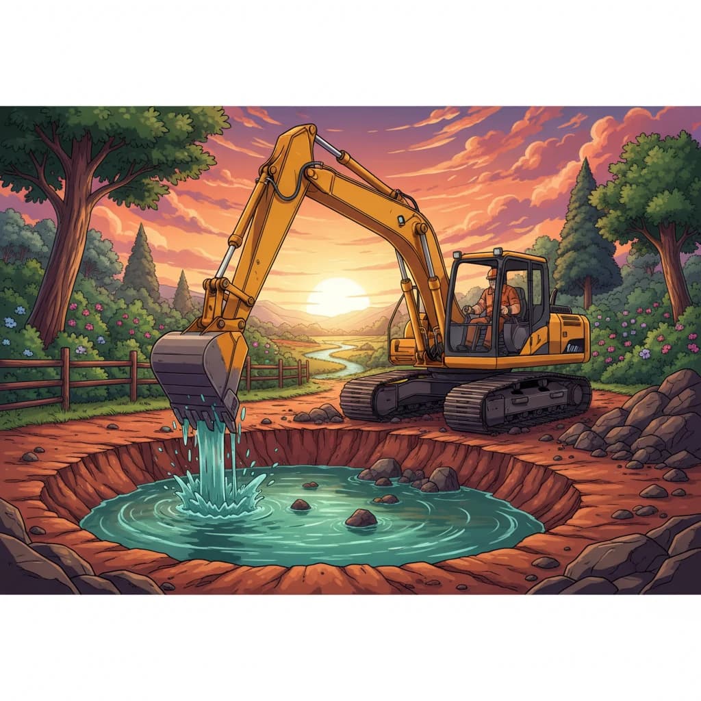A scene of a contractor doing earthworks — a one-time pond excavation done with