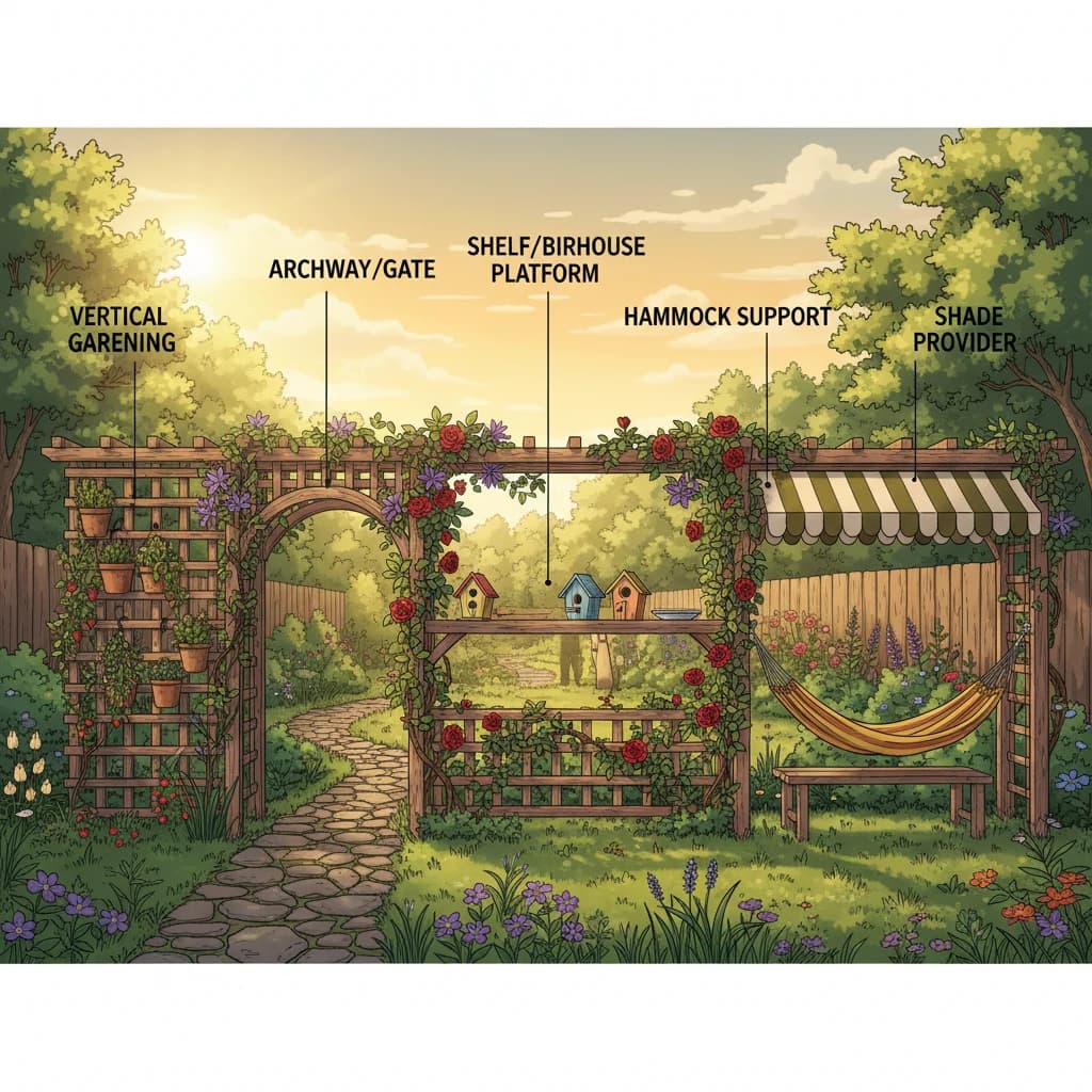 A trellis in a garden serving multiple roles — supporting beans, shading