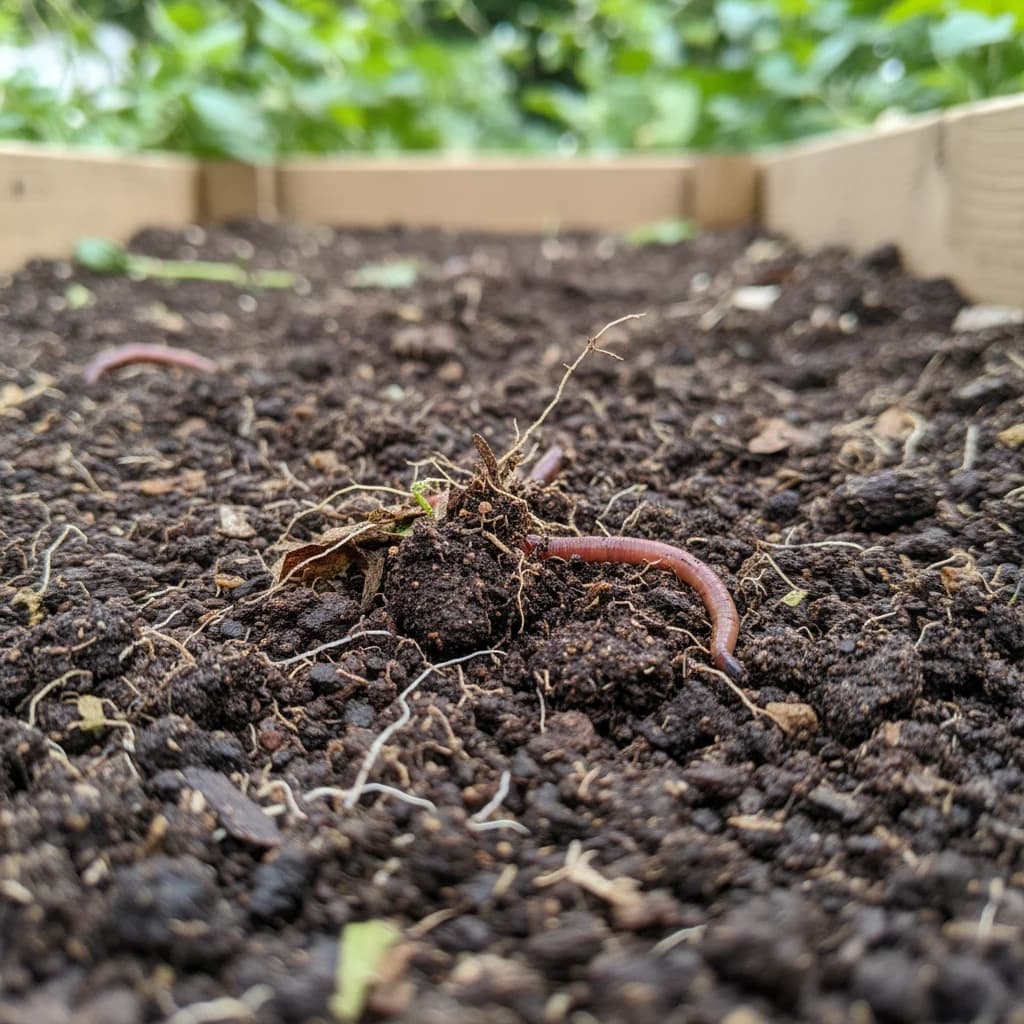 A close-up of healthy dark soil with worms and roots visible