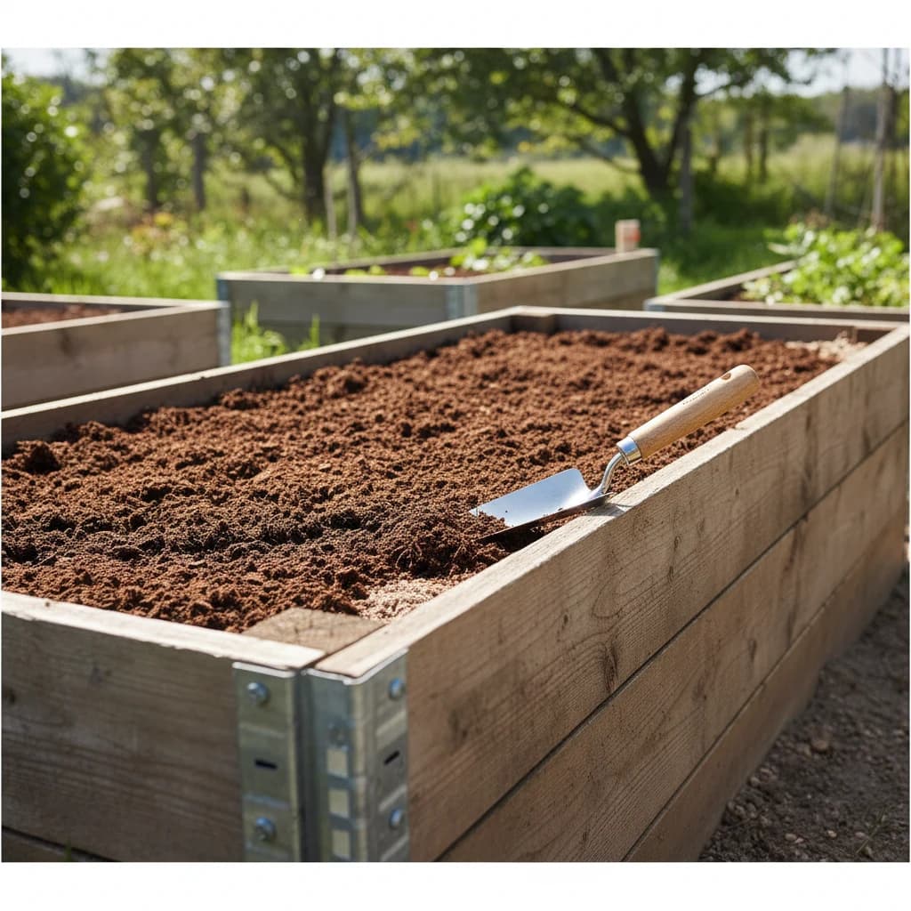 A garden bed showing a fresh 2-inch layer of compost on top
