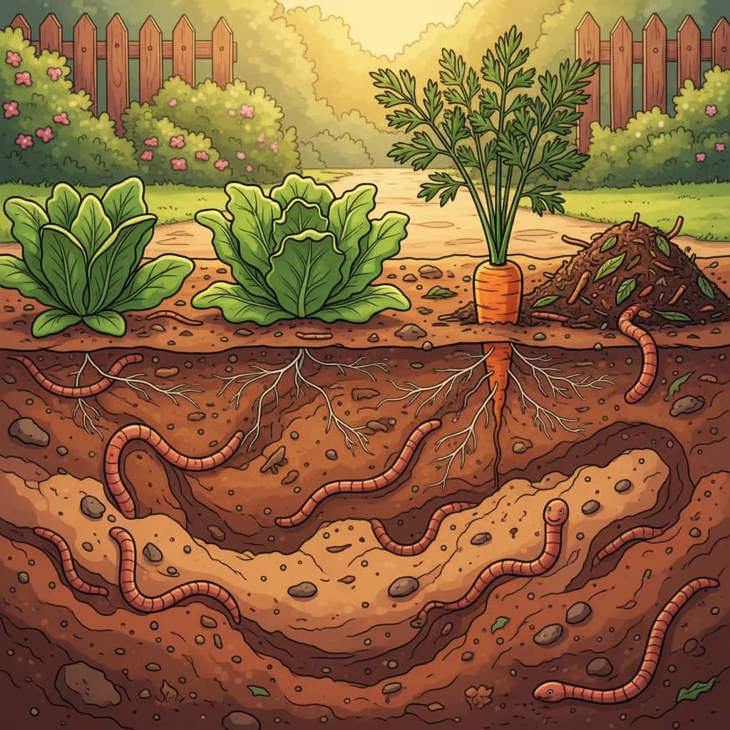 Cross-section illustration of worms and roots working through soil layers