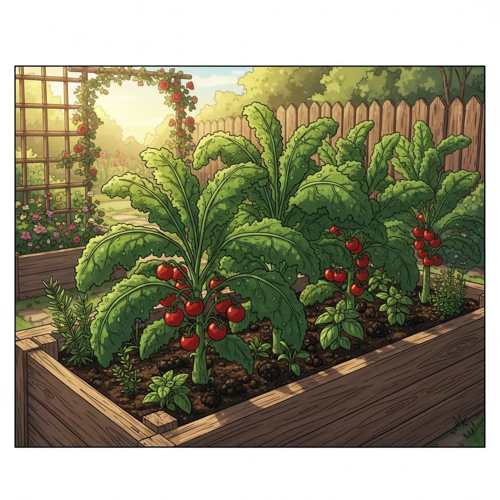 Healthy garden bed with thriving plants and rich dark soil visible
