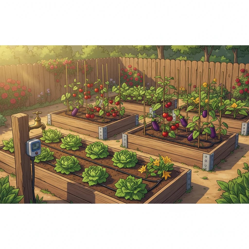 A garden bed with drip irrigation tubing running between plants
