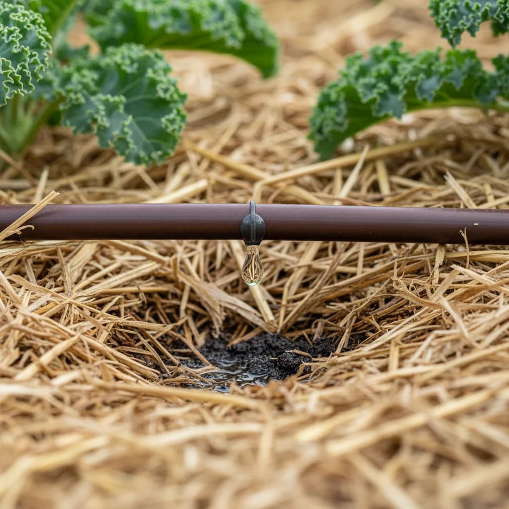 Brown drip line with a built-in inline emitter dripping water onto mulch