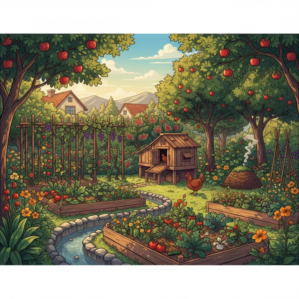 A small backyard transformed into a permaculture system — food forest, water