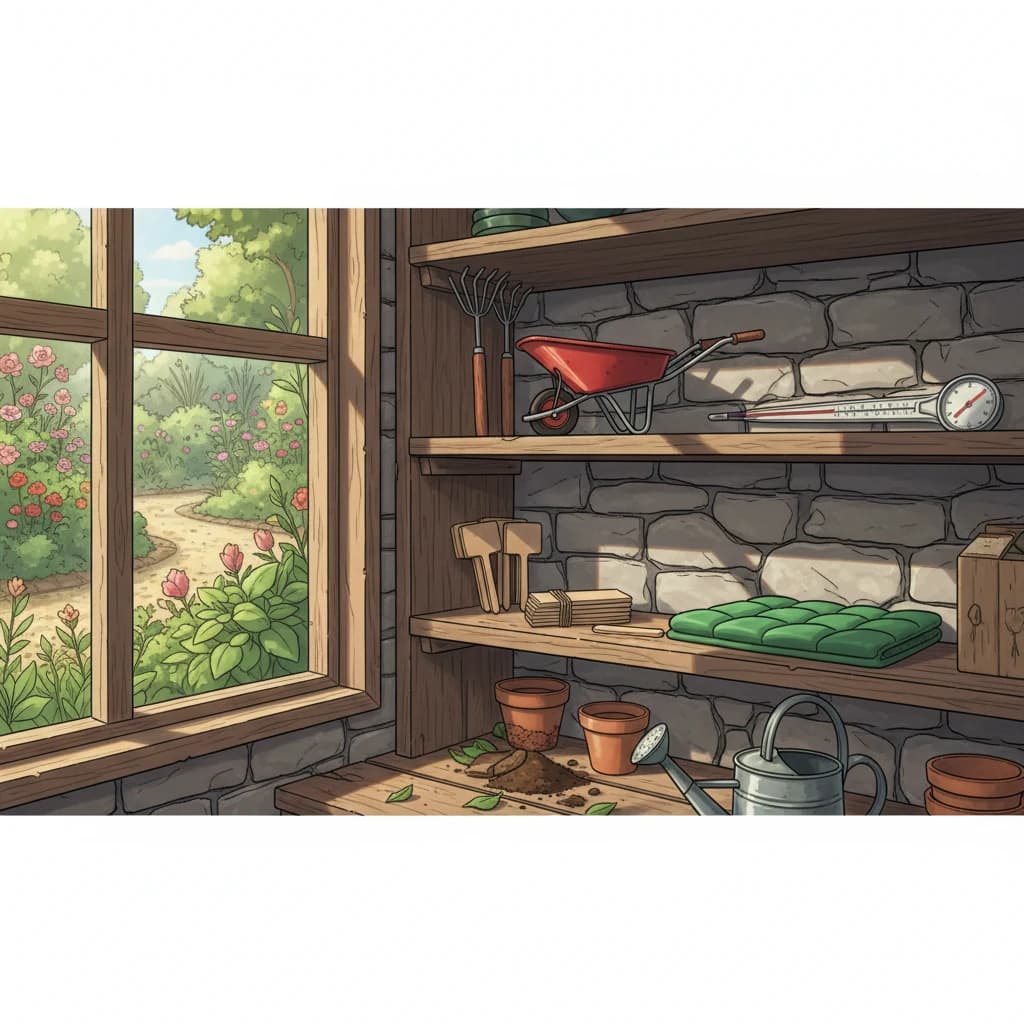 Additional tools displayed: wheelbarrow, rake, soil test kit