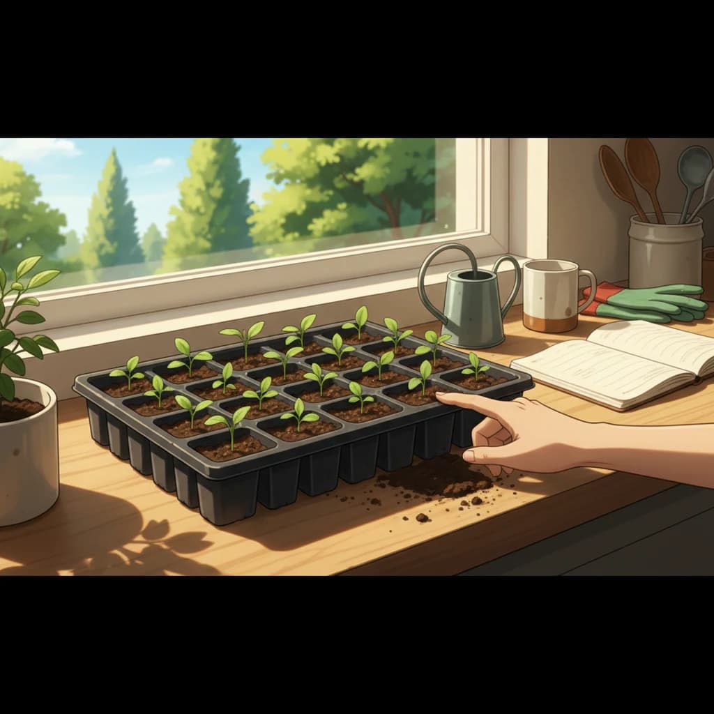 A 2D anime-style illustration of a young person checking a seedling tray on a bright kitchen counter, checking soil with one finger, morning light streaming through a window