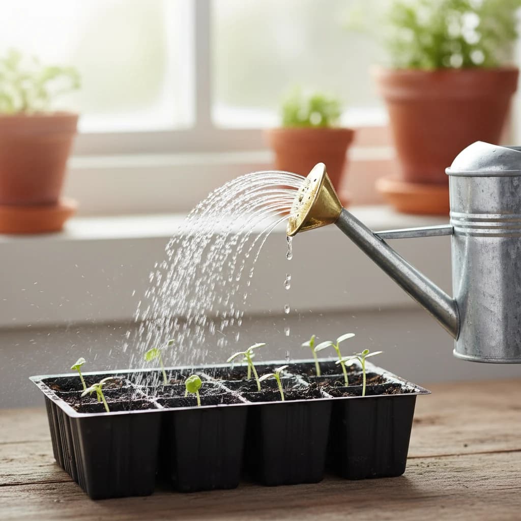 Photorealistic close-up photograph, a small watering can with a fine rose head gently misting a row of tiny seedlings in a seed tray, soft natural light, no harsh shadows