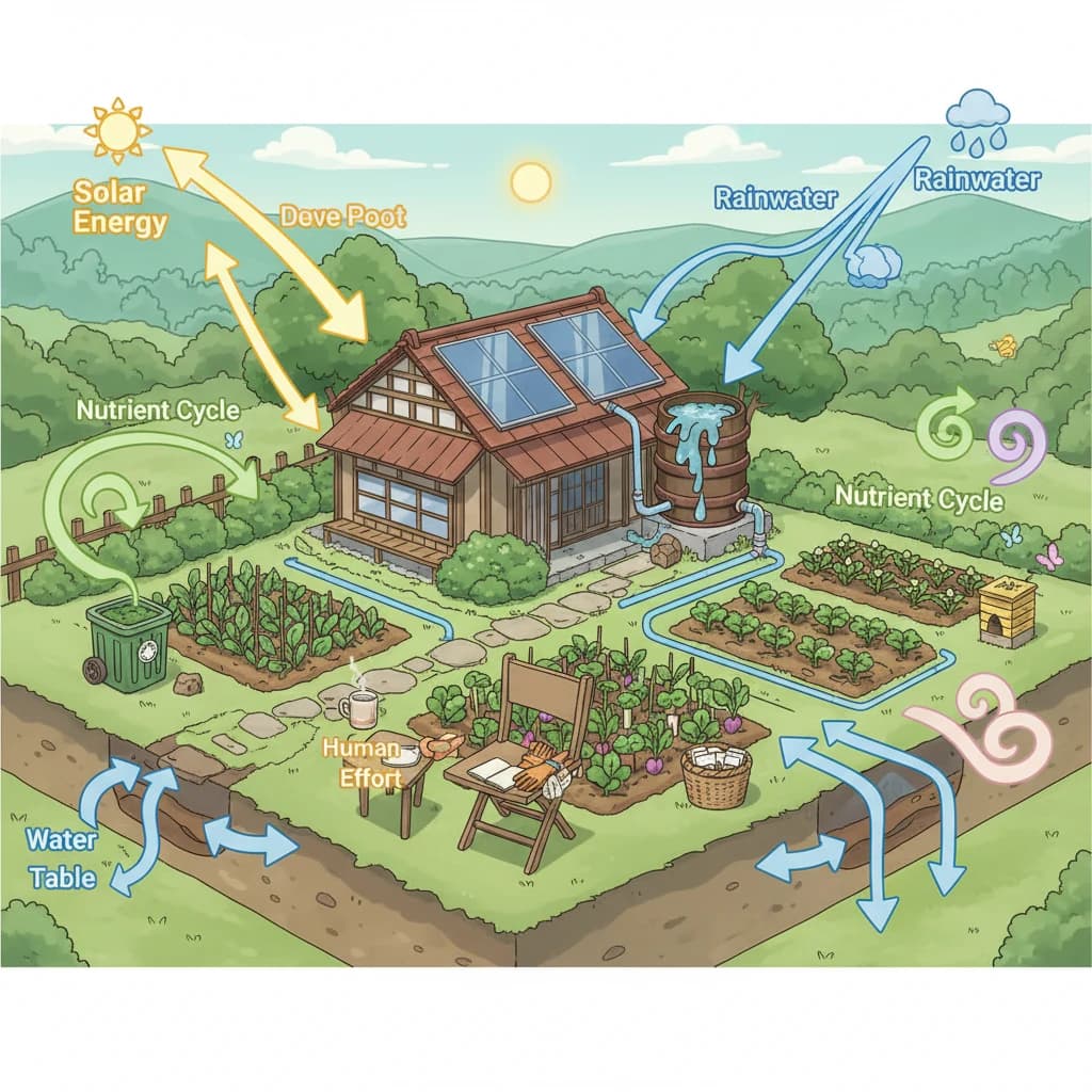 A property visualized as a system with arrows of energy flowing in (sun, rain