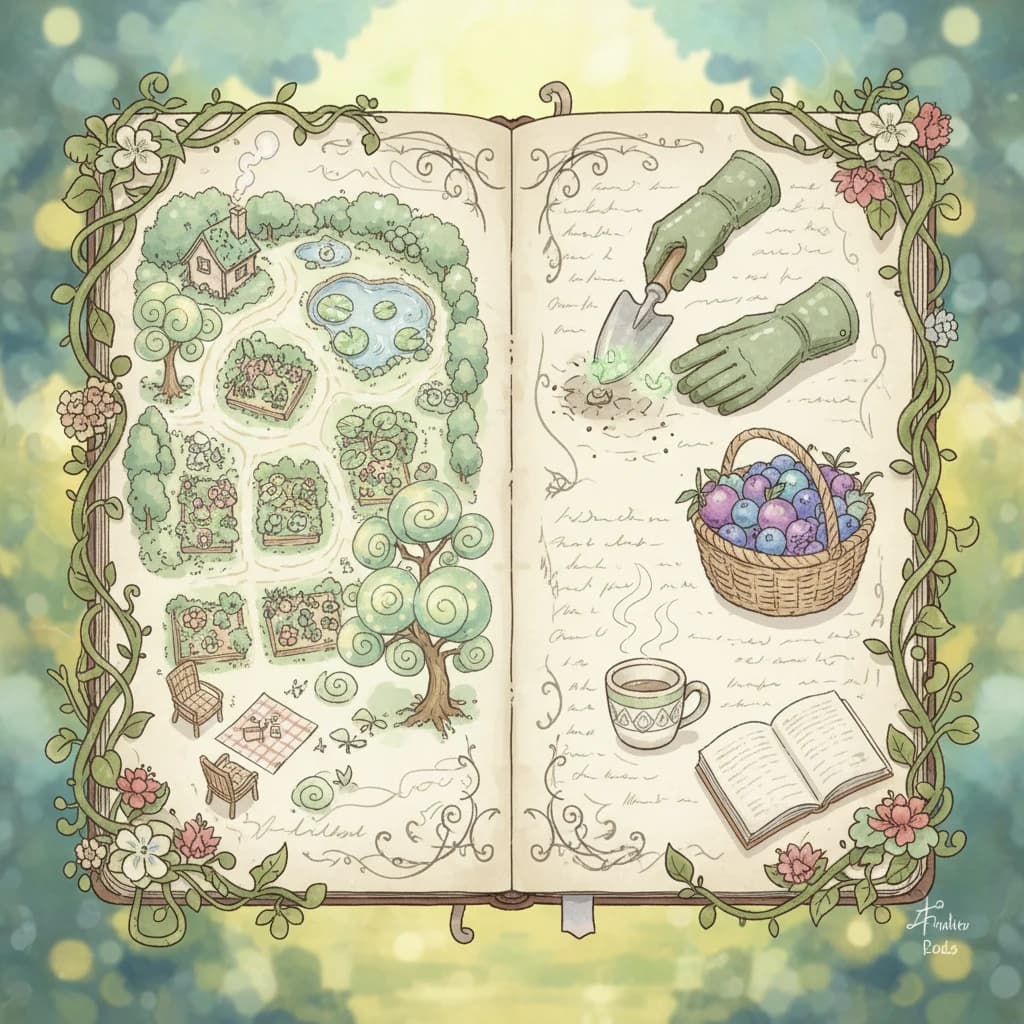 A garden journal page with hand-drawn notes, sketches of the property at