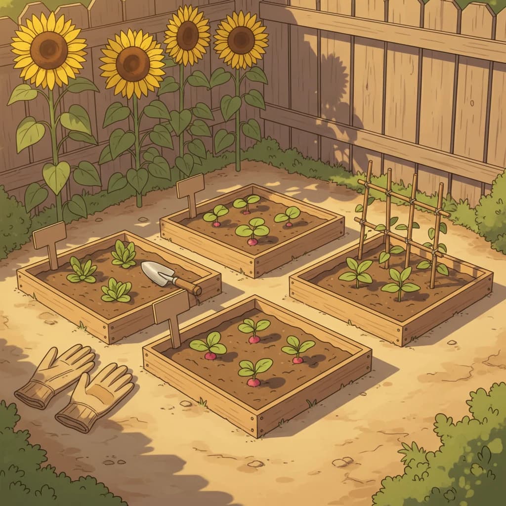 A small experimental garden corner with three different test patches — labeled