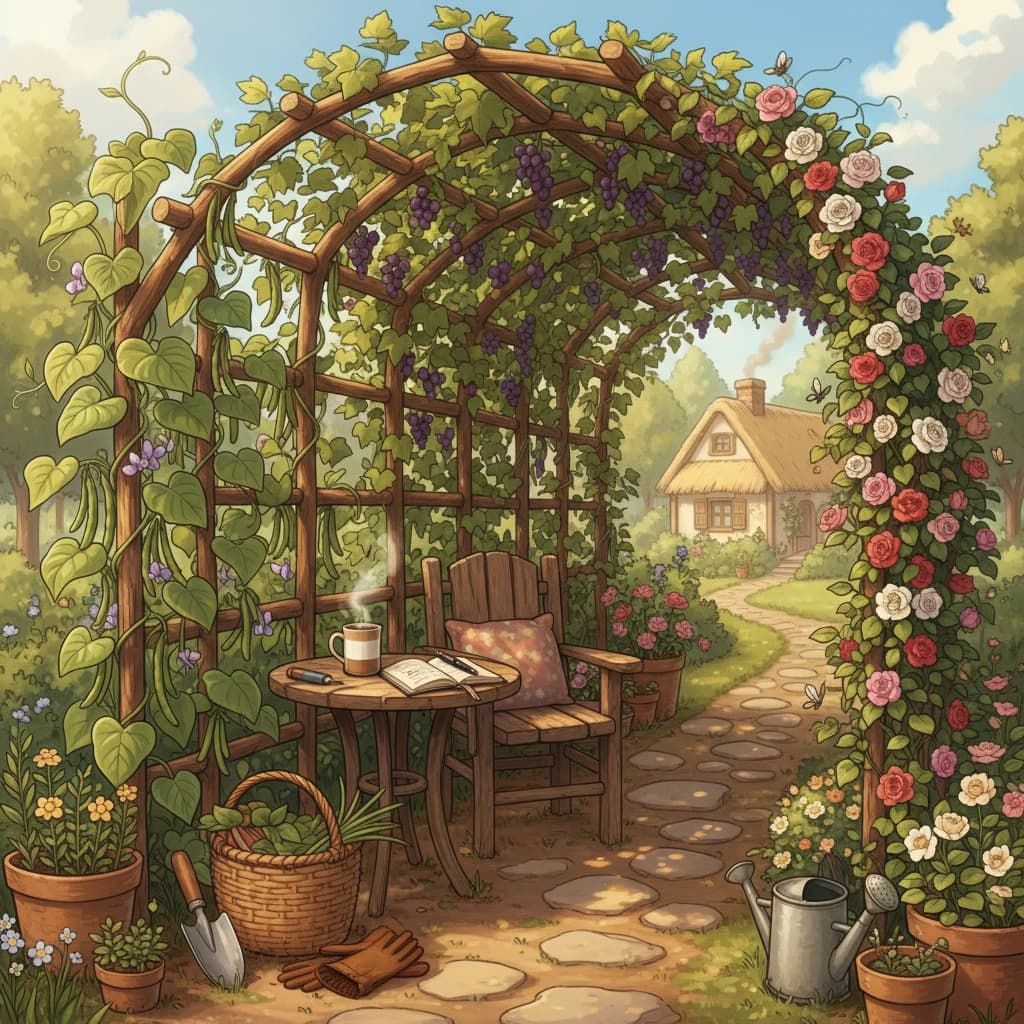 A trellis in a garden serving multiple roles — supporting beans, shading
