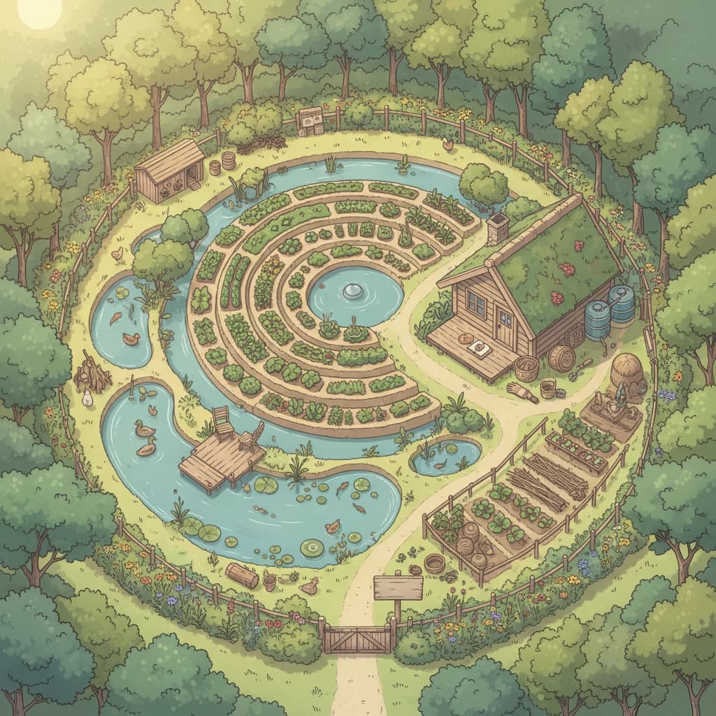 A complete permaculture system viewed from above — every element clearly